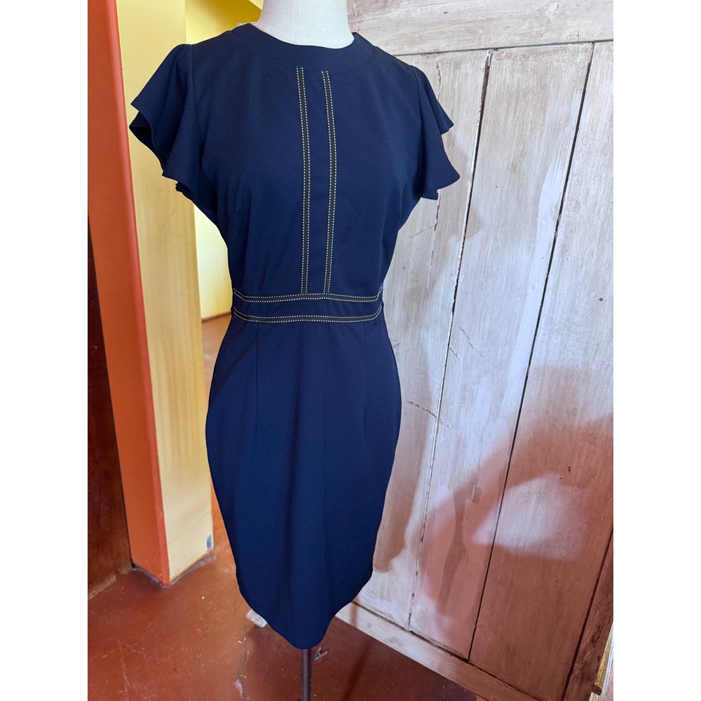 Miusol Navy Blue Flutter Sleeve Sheath Dress Contrast Stitching Business Size M